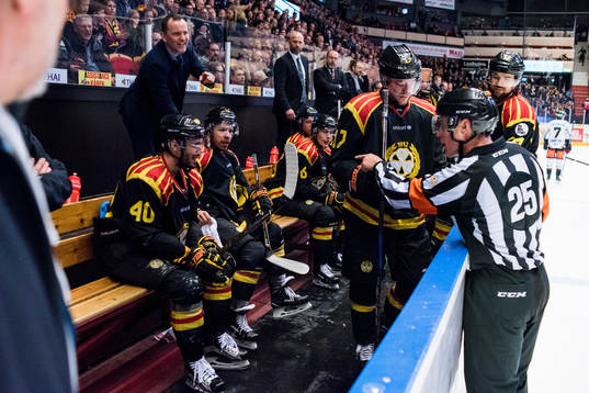 Domare Sören Persson i diskussion med Brynäs tränare