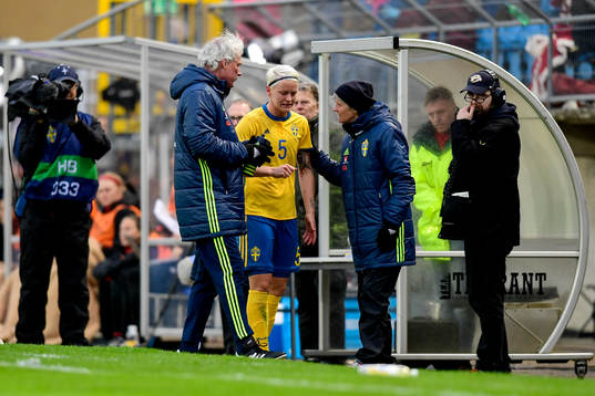 Sveriges förbundskapten Pia Sundhage pratar med Nilla