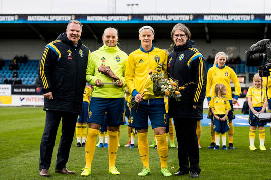 Sveriges Stina Blackstenius och Nilla Fischer prisas av