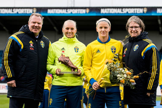 Sveriges Stina Blackstenius och Nilla Fischer prisas av