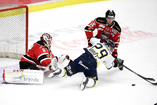 s Chris Abbott och Malmö Redhawks målvakt Oscar Alsenfelt