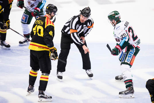 Domare Mikael Nord talar med Brynäs Jesper Jensen och