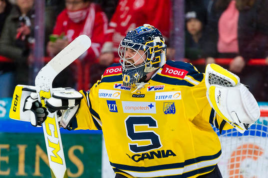 Södertäljes målvakt Alexander Sahlin jublar