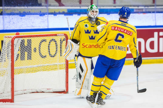 Sveriges målvakt Niklas Svedberg klappas om av Oscar