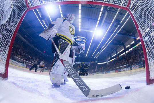 HV71 spelare jublar och Brynäs målvakt Felix Sandström