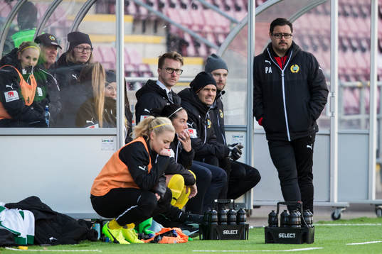 Hammarbys tränare Olof Unogård (sittandes i mitten) och