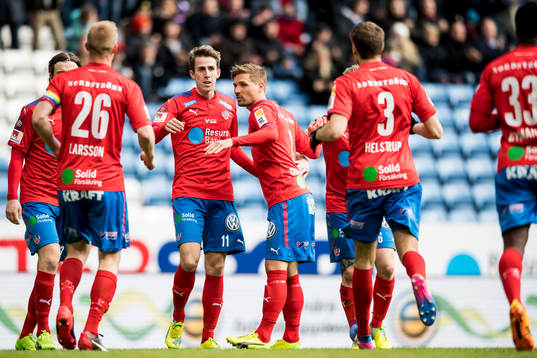 Helsingborgs Adam Eriksson jublar med Martin Christensen