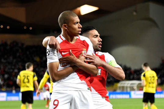 Fotboll, Champions League Kylian Mbappe celebrates his goal