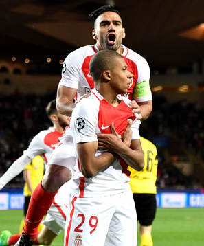 Fotboll, Champions League Kylian Mbappe celebrates his goal
