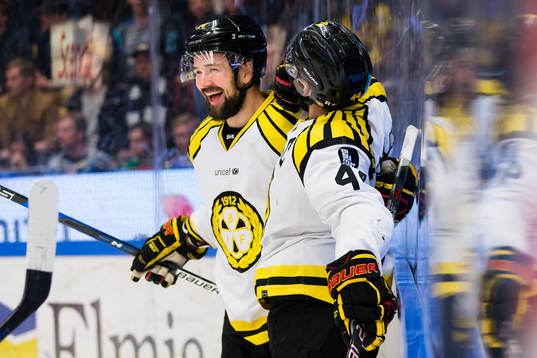Brynäs Johan Alcén och Brynäs Jacob Blomqvist jublar