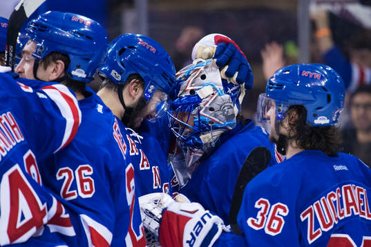 Rangers Mika Zibanejad, målvakt Henrik Lundqvist och Mats