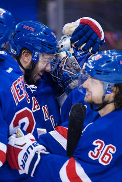 Rangers Mika Zibanejad, målvakt Henrik Lundqvist och Mats