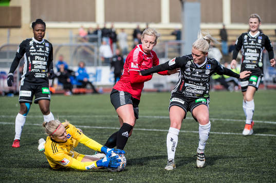 LB07s Mia Persson mot Piteås målvakt Hilda Carlén och