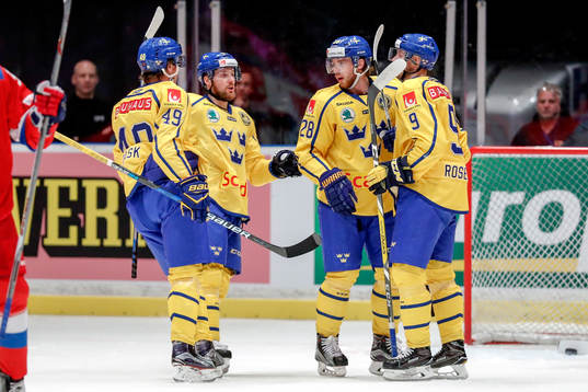 Sveriges Victor Rask, Linus Omark, Elias Lindholm och Calle