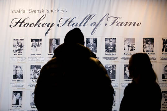 Två personer beskådar Hockey Hall Of Fame innan