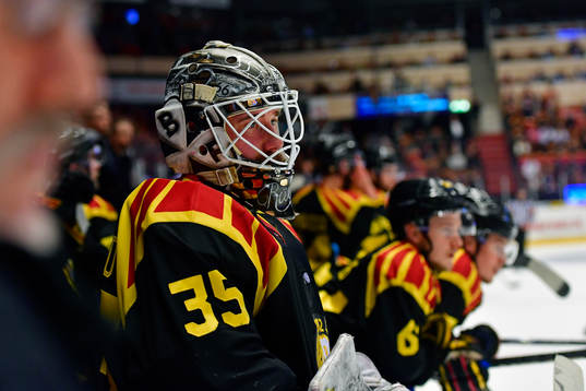 Brynäs målvakt David Rautio följer spelet från båset