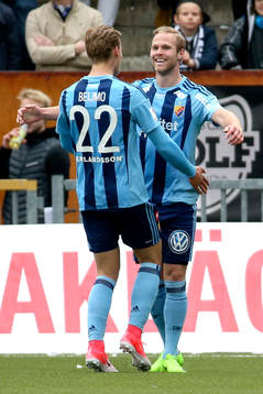 Djurgårdens Gustav Engvall och Felix Beijmo jublar