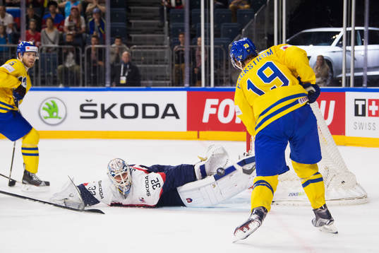 Slovakiens målvakt Jaroslav Janus räddar ett skott från