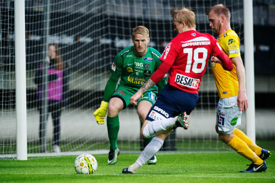 Falkenbergs målvakt Hampus Nilsson och Per Karlsson