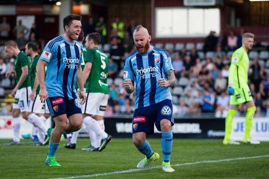 Djurgårdens Kerim Mrabti och Magnus Eriksson jublar