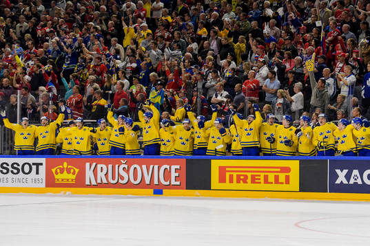 Sveriges spelare jublar på bänken