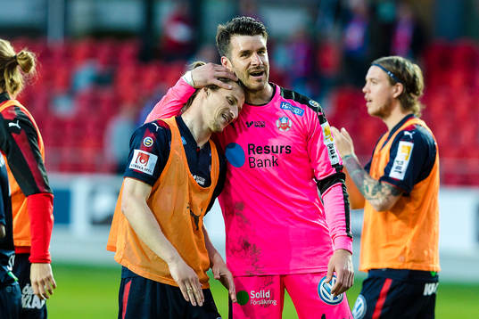 Helsingborgs Jesper Lange och målvakt Matt Pyzdrowski