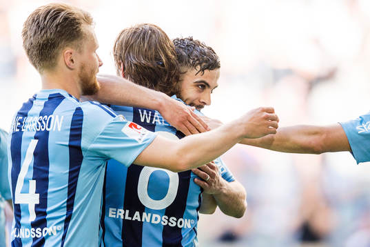 Djurgårdens Othman El Kabir och Kevin Walker jublar
