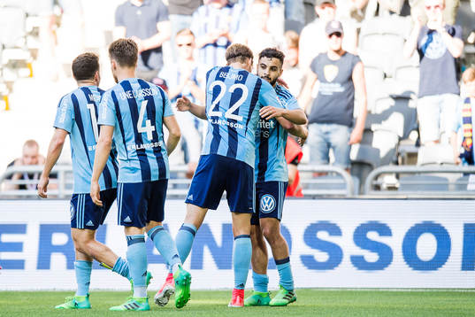 Djurgårdens Felix Beijmo och Othman El Kabir jublar