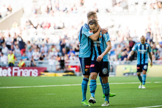 Djurgårdens Gustav Engvall och Kevin Walker jublar
