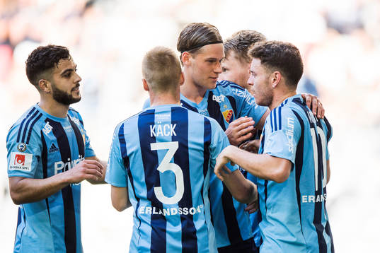 Djurgårdens Felix Beijmo och Kerim Mrabti jublar