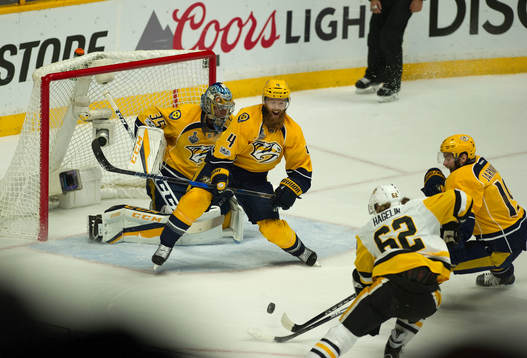 Nashville Predators Ryan Ellis attempts to make a block off