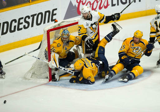 Nashville Predators goalie Pekka Rinne makes a save while