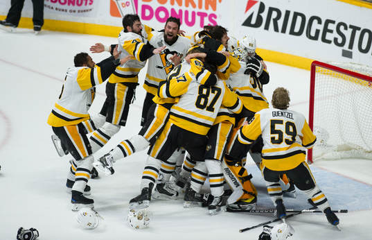 The Pittsburgh Penguins celebrate winning the Stanley Cup