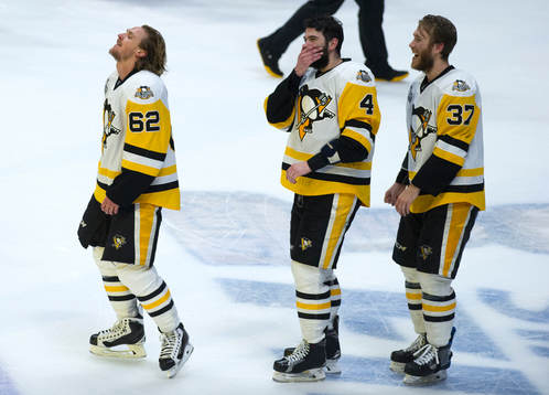 The Pittsburgh Penguins celebrate winning the Stanley Cup