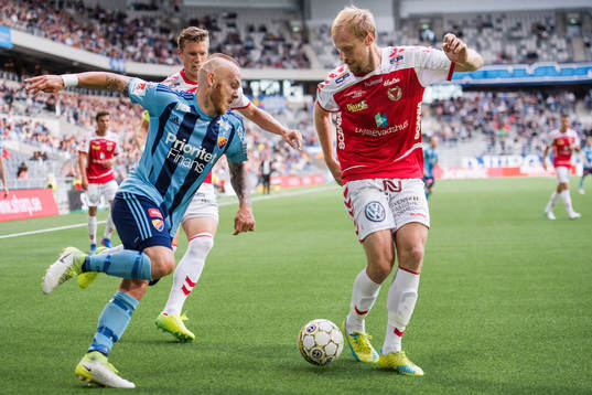 Djurgårdens Magnus Eriksson mot Kalmars Viktor Elm och