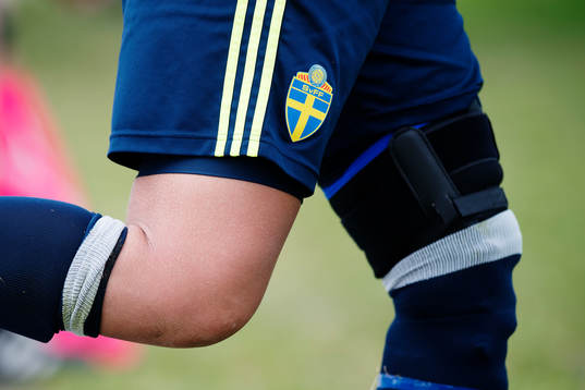 Svenska fotbollförbundets logotyp på ett par shorts