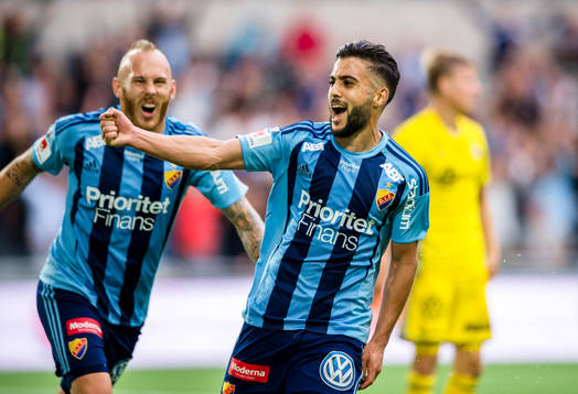 Djurgårdens Magnus Eriksson och Othman El Kabir jublar