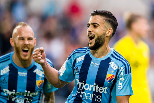 Djurgårdens Magnus Eriksson och Othman El Kabir jublar