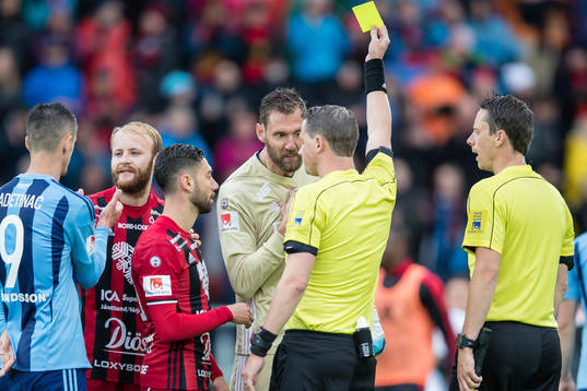 Djurgårdens målvakt Andreas Isaksson får ett gult kort