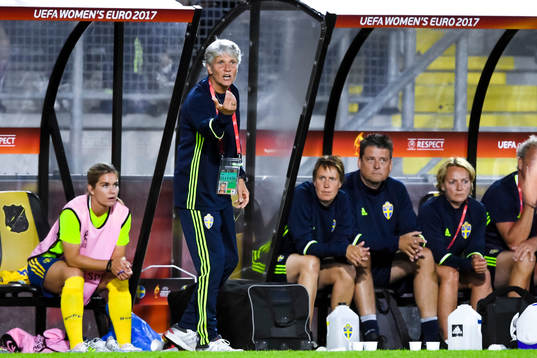 Sveriges förbundskapten Pia Sundhage i fotbollsmatchen