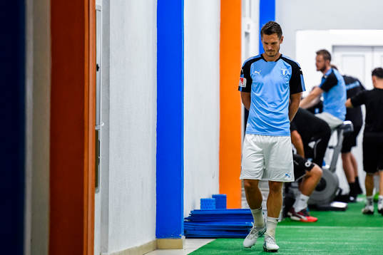 Malmö FFs Markus Rosenberg före en fotbollsmatch mellan