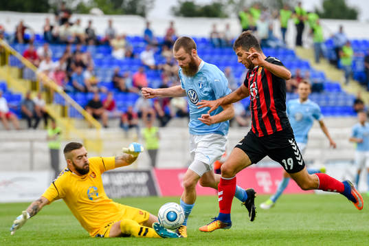 Malmö FFs Jo Inge Berget faller i en situation med Vardars