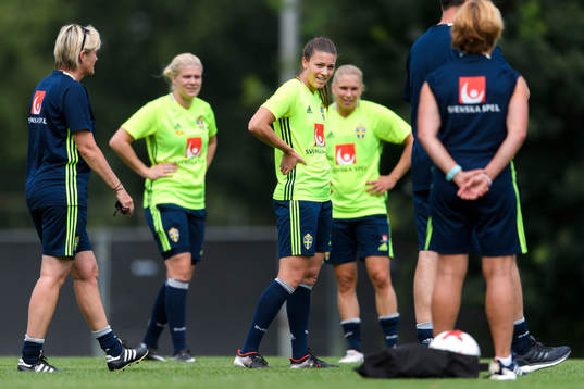 Målvakt Emelie Lundberg, Pauline Hammarlund och Jonna