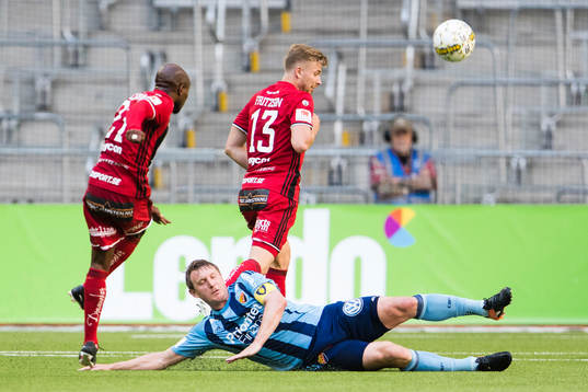 Östersunds Fouad Bachirou med ett skott som Djurgårdens