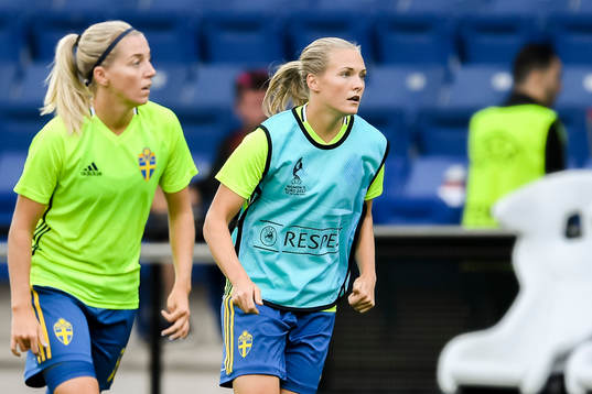 Sveriges Linda Sembrant och Magdalena Eriksson  före