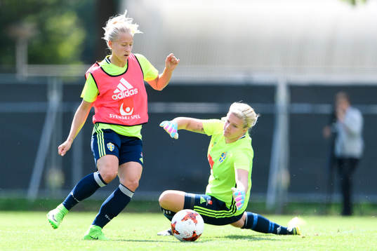 Julia Spetsmark och målvakt Emelie Lundberg på en