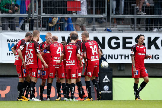 Norrköpings spelare jublar med målskytten till 0-1 Karl