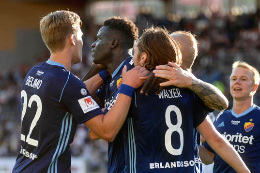 Djurgårdens Felix Beijmo och Kevin Walker jublar med