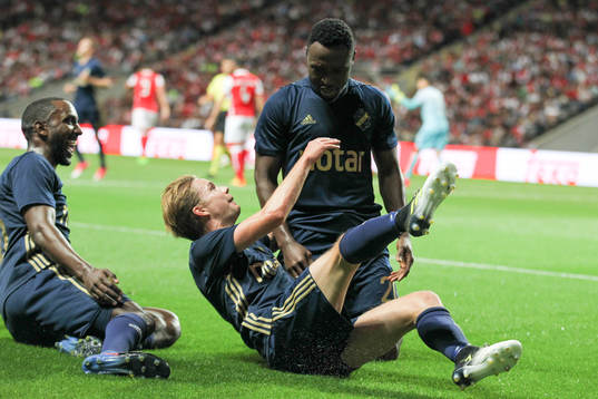 Chinedu Obasi forward of AIK celebrates