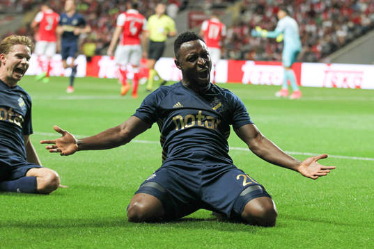Chinedu Obasi forward of AIK celebrates